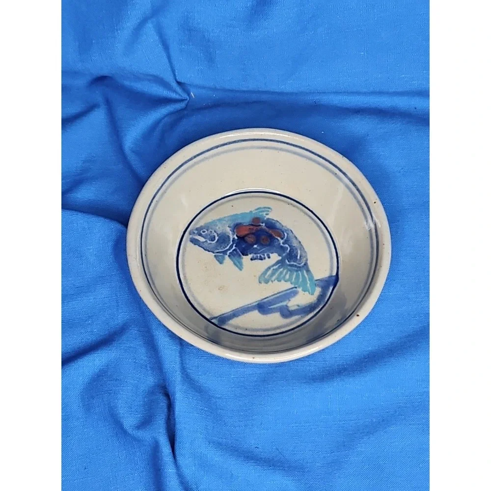 Antique Chinese Fish Bowl Stoneware Pottery Hand Painted‎ Koi Vintage 6.5